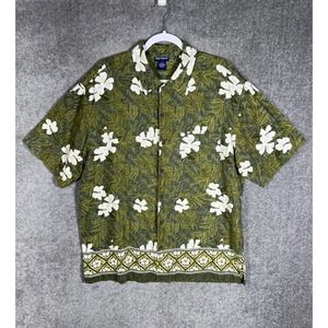 High Sierra Linen Rayon Hawaiian‎ Floral Button Up Shirt Mens Large Green Pocket